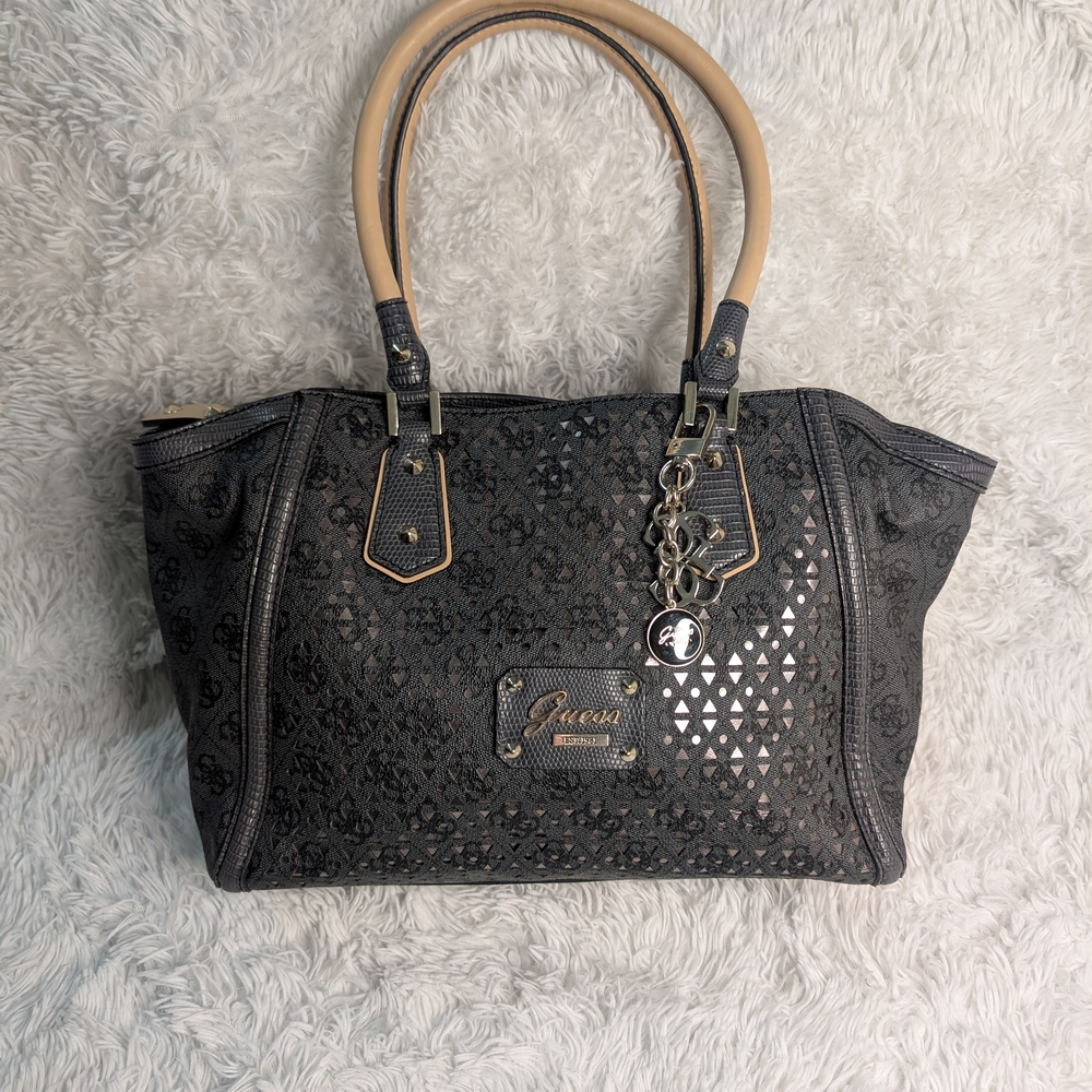 Guess Black Laser Cut Coated Faux Leather Top Zippered Lined Satchel Handbag
